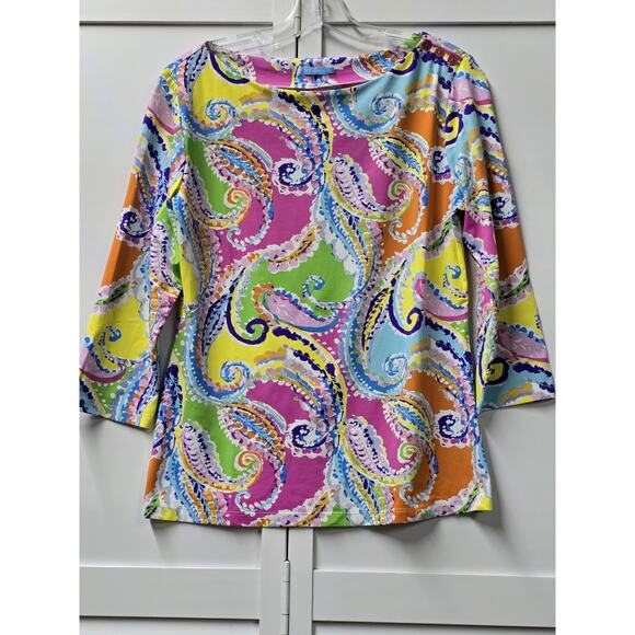 J. McLaughlin Bright Modern Paisley Signature Resort Top 3/4 Slv Boatneck XL - Picture 5 of 6